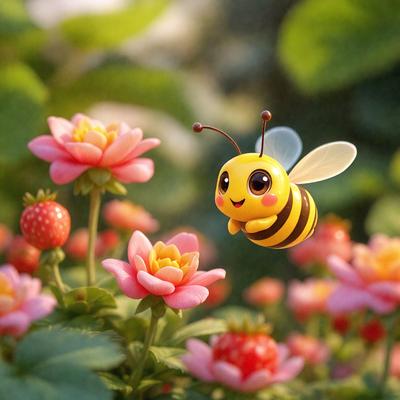 The primary subject of the image is a small yellow and black bee flying over a field of pink flowers. The setting is a garden with a variety of flowers, creating a vibrant and lively atmosphere. The visual style of the image is a combination of photo and digital art, giving it a unique and artistic appearance. The colors and mood of the image are predominantly pink and cheerful, with the bee adding a touch of playfulness to the scene.